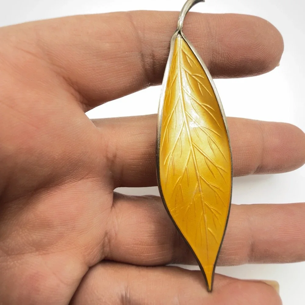 DAVID ANDERSON Sterling Silver Norwegian Enamel Leaf Brooch Yellow